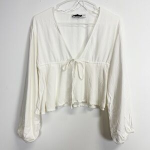 Petal and Pup Shirt Womens XS White Linen Bow Front VNeck Balloon Sleeve